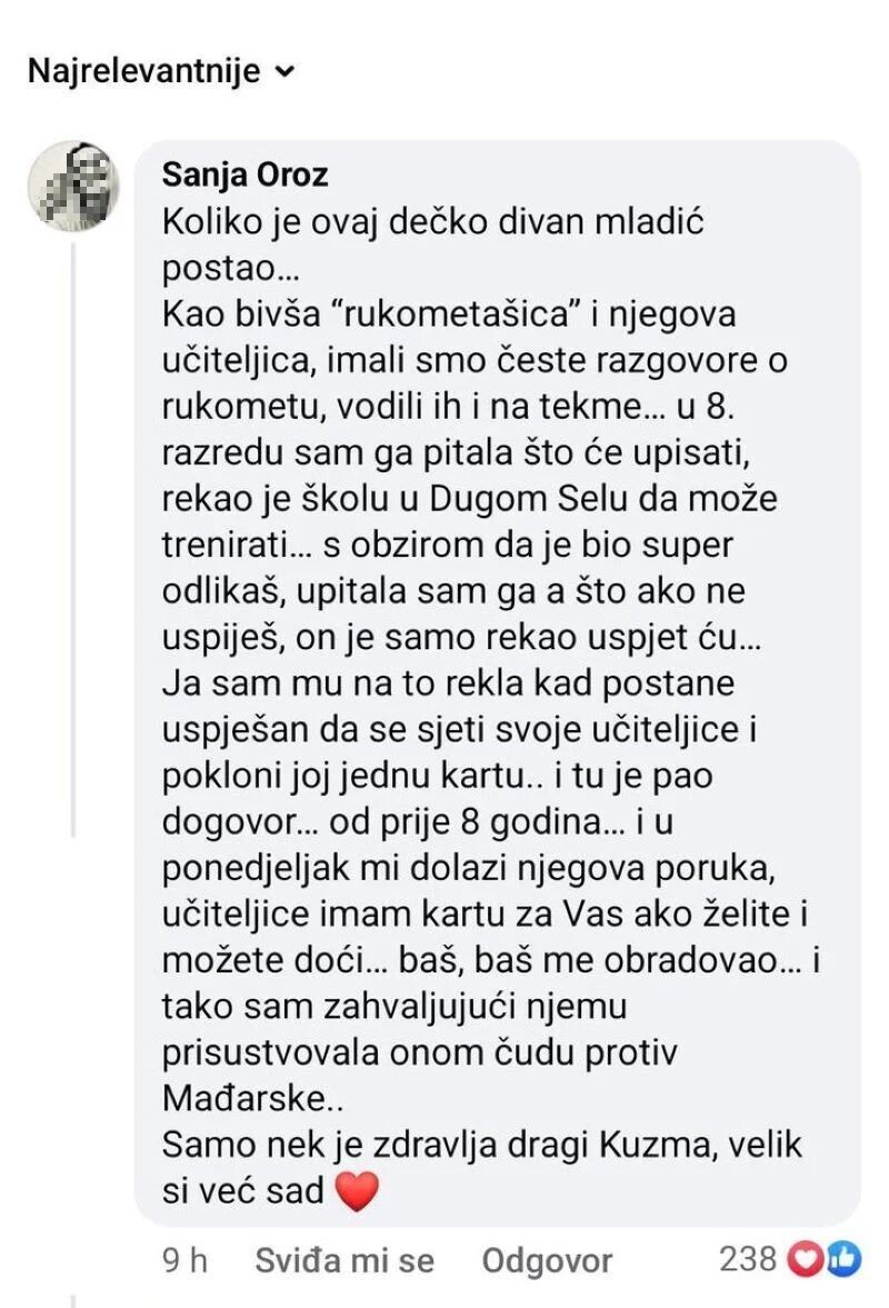 Post koji je napisala Kuzmanovićeva učiteljica (Foto: Screenshot)