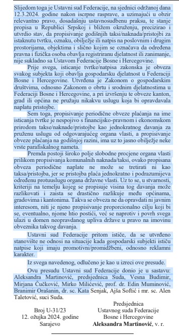Presuda Ustavnog suda FBiH iz marta 2024.