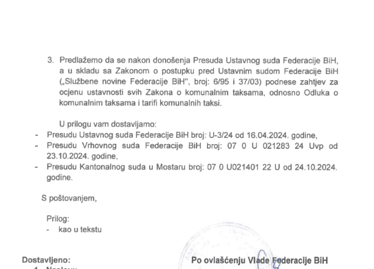 Upit Porezne uprave FBiH prema Ministarstvu finansija o postupanju