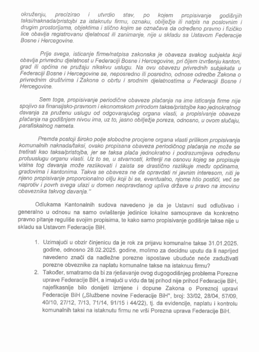 Upit Porezne uprave FBiH prema Ministarstvu finansija o postupanju