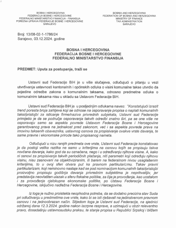 Upit Porezne uprave FBiH prema Ministarstvu finansija o postupanju