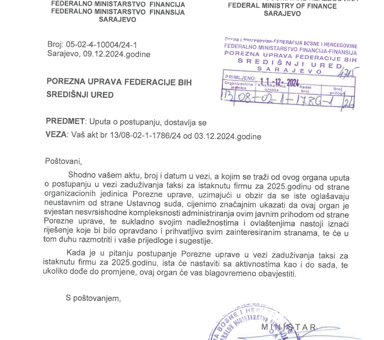 Odgovor Ministarstva finansija FBiH