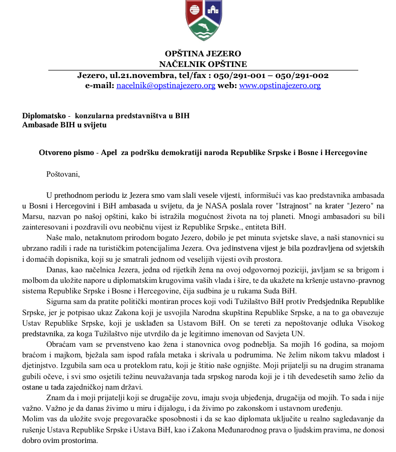 Pismo upućeno bh. diplomatama