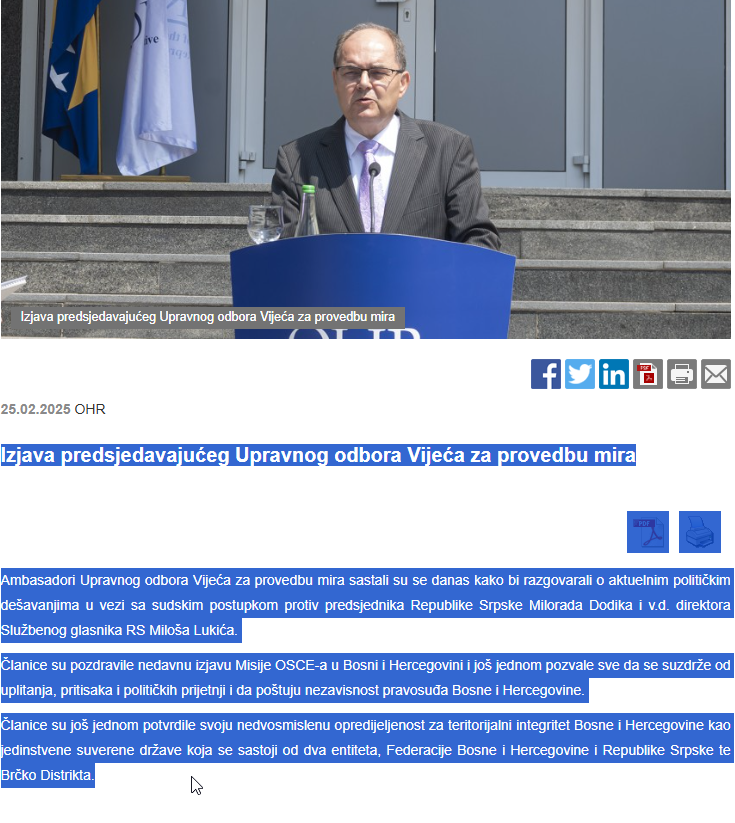 Poruka koja je objavljena na zvaničnoj stranici OHR-a nakon sjednice PIC-a