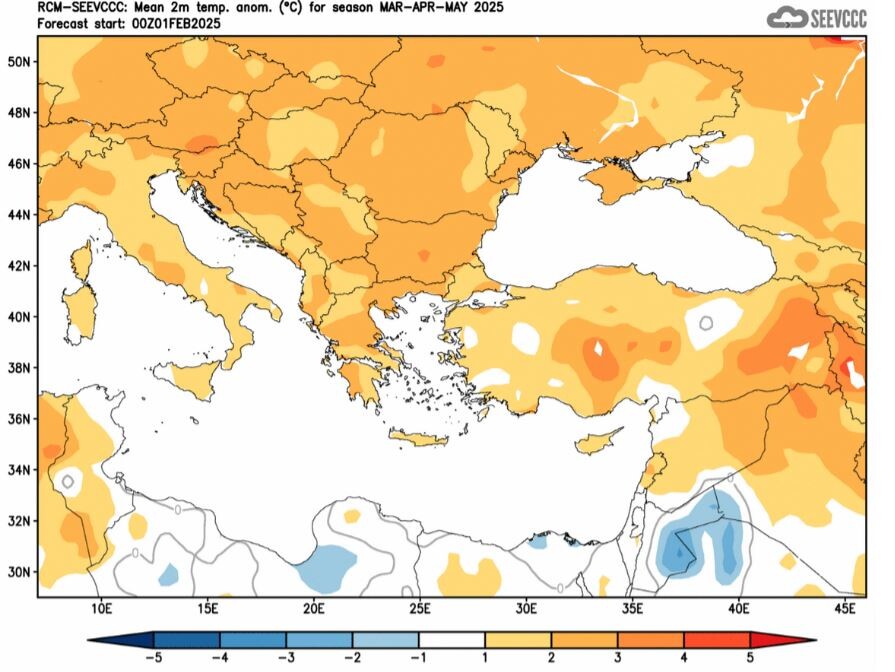 Prostorna raspodjela anomalija temperature zraka za period mart – maj 2025.