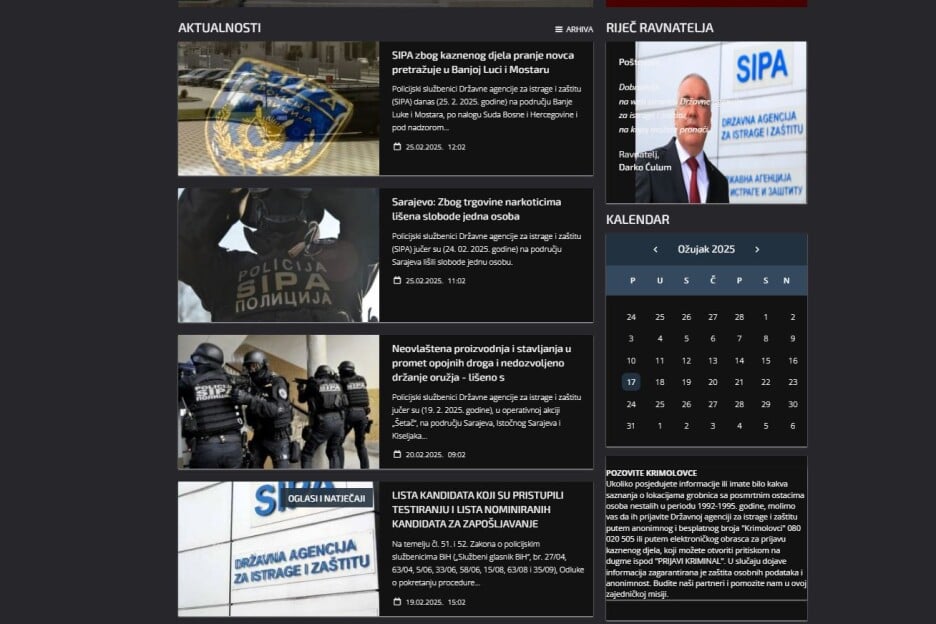 Aktivnosti SIPA-e objavljene na web stranici