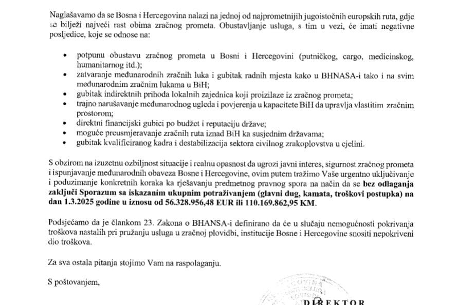 Dio pisma BHANSA-e za institucije BiH