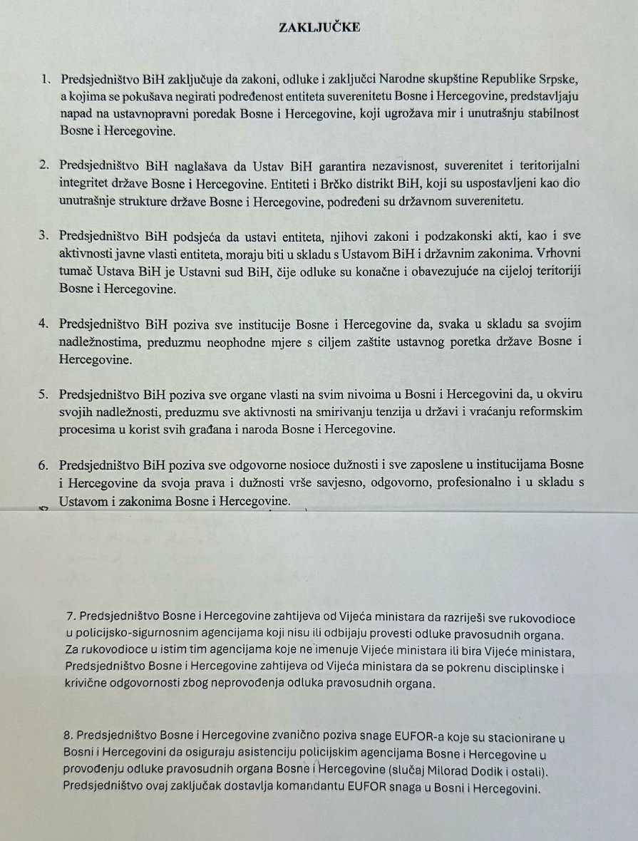 Zaključci koji su na Predsjedništvu BiH usvojeni omjerom 2:1