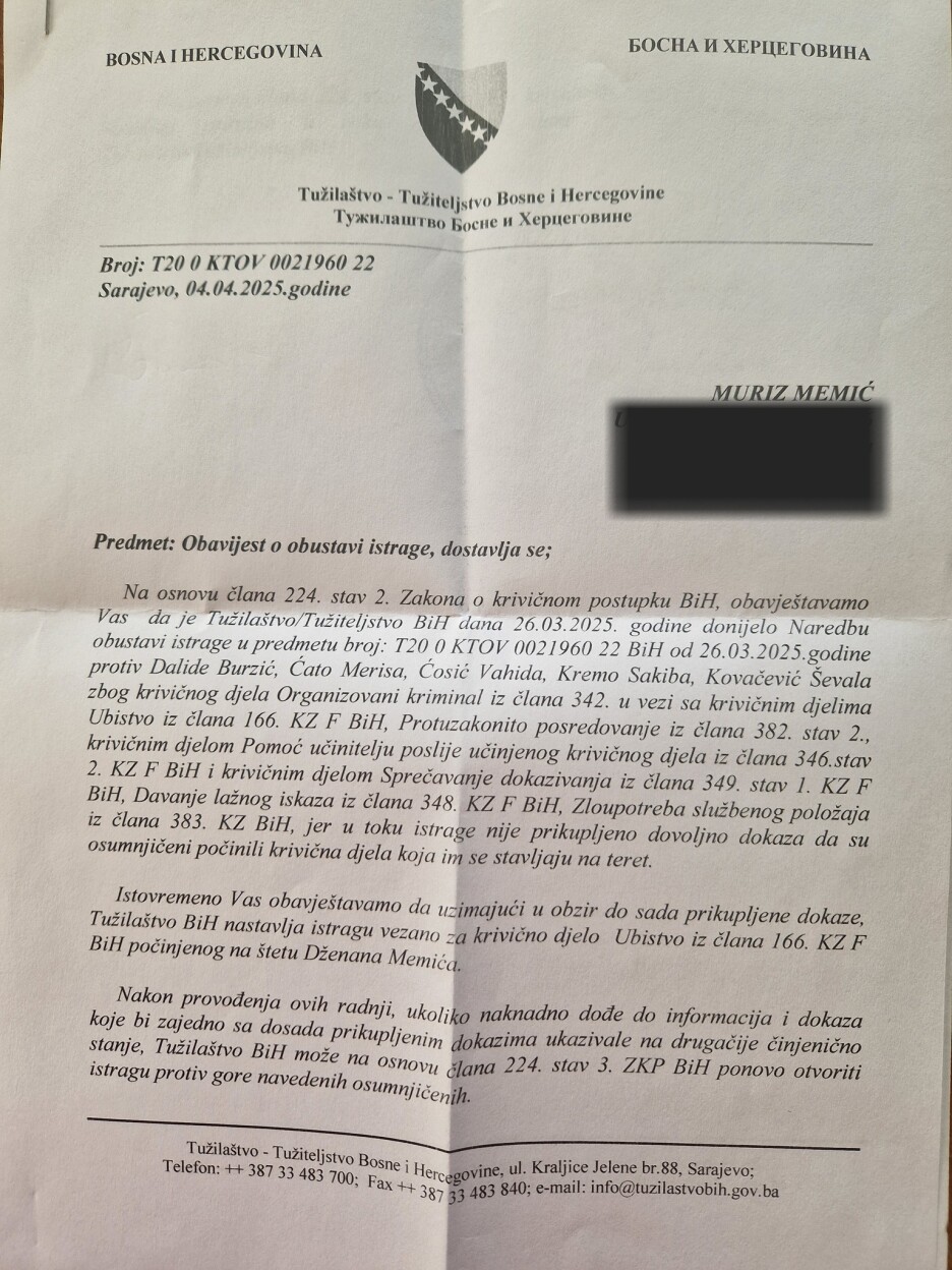 Obavijest o obustavi istrage
