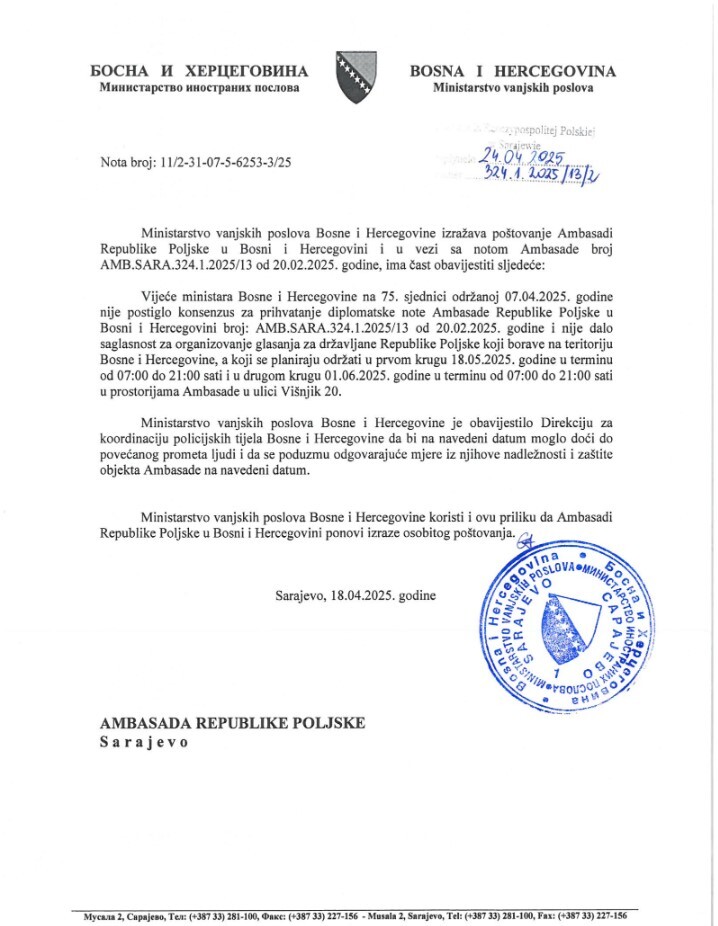 Odgovor Vijeća Ministara BiH Ambasadi Poljske