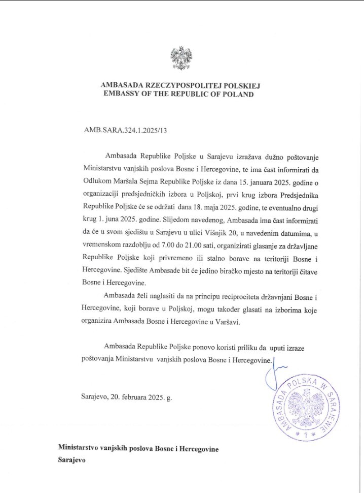 Dopis Ambasade Poljske Vijeću Ministara BiH
