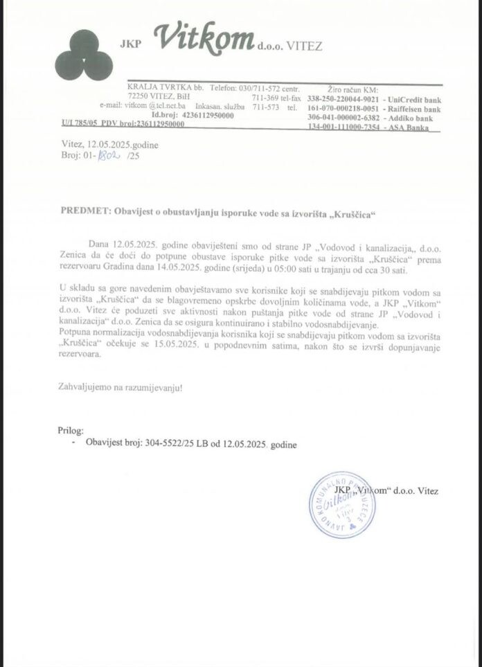 Vitez i Zenica bez stabilne isporuke vode: Ispiranje glavnog cjevovoda trajat će 30 sati Vitez i Zenica bez stabilne isporuke vode: Ispiranje glavnog cjevovoda trajat će 30 sati