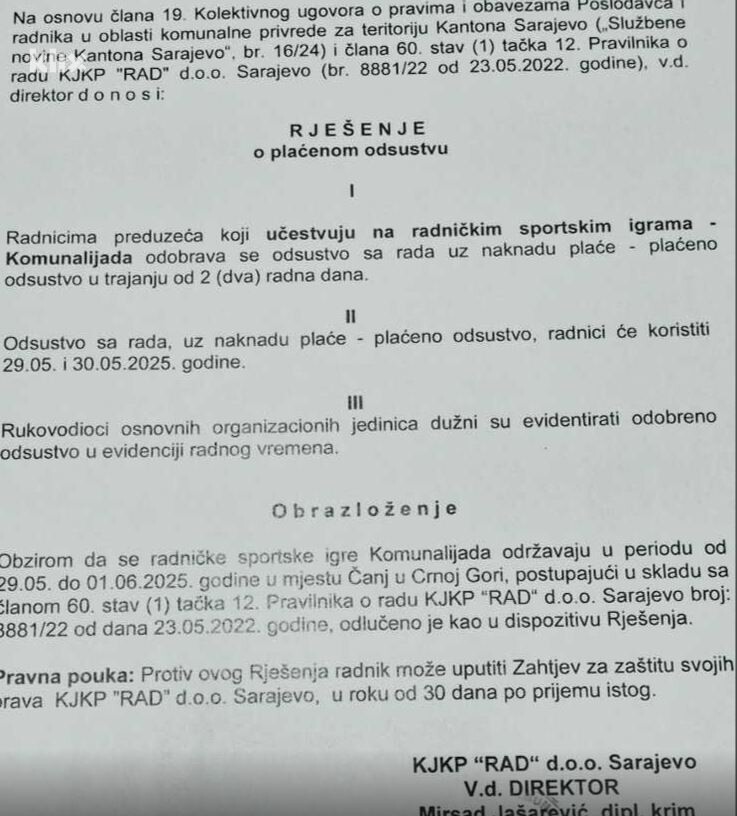 Rješenje o plaćenom odsustvu