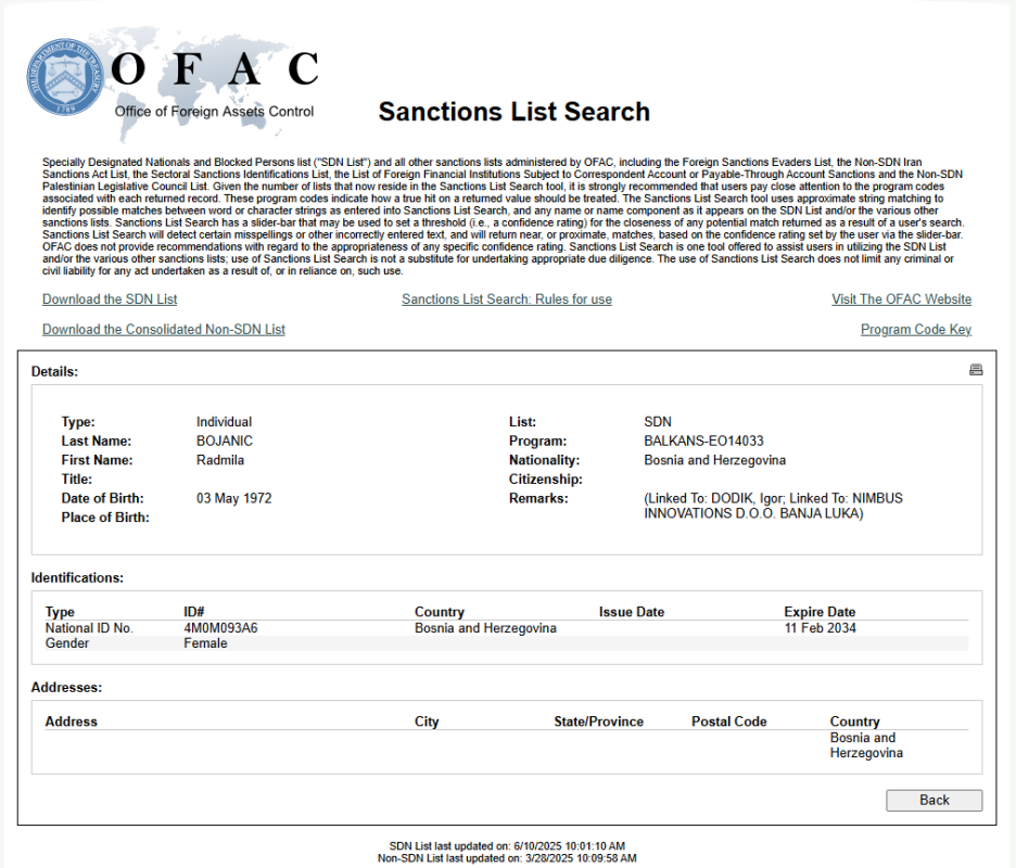 Radmila Bojanić na američkoj listi sankcionisanih osoba OFAC