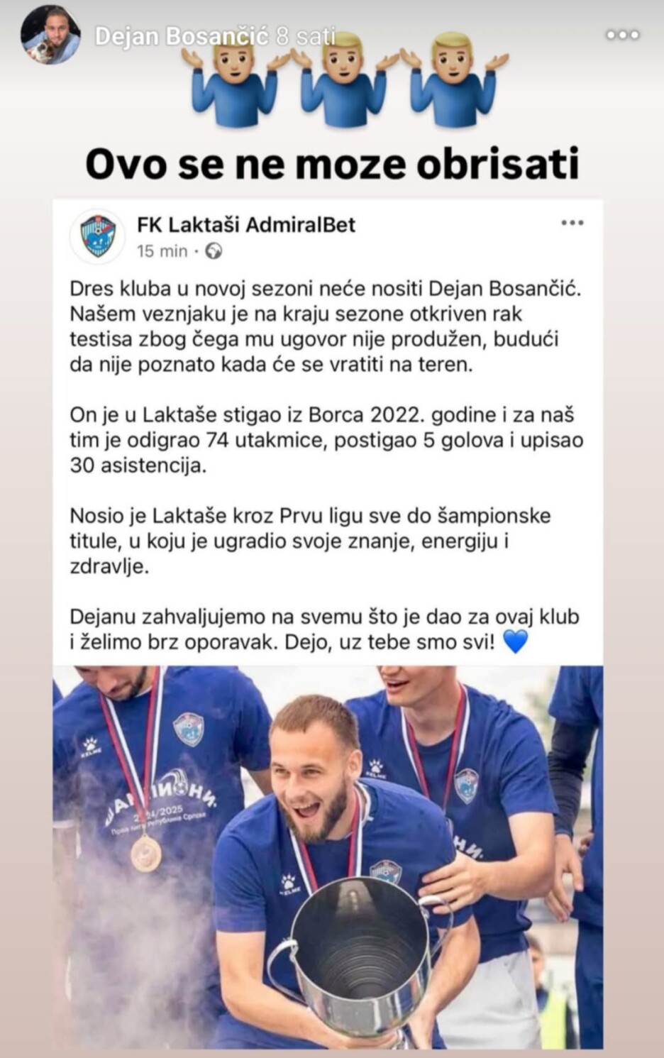 Bosančićeva poruka Laktašima (Foto: Facebook)
