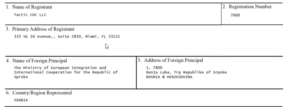 Sporni dogovor ministarstva iz RS-a za lobiranje uime Srbije (Screenshot: FARA)