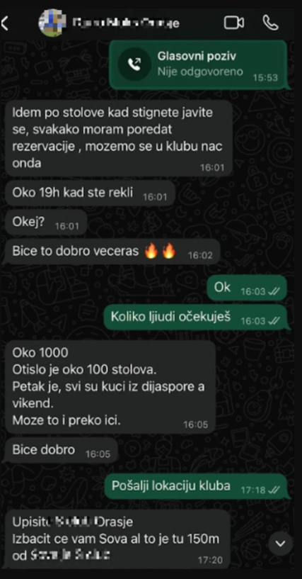Screenshot razgovora s organizatorima