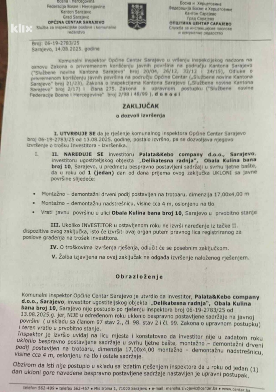 Zaključak o dozvoli izvršenja od 14. augusta
