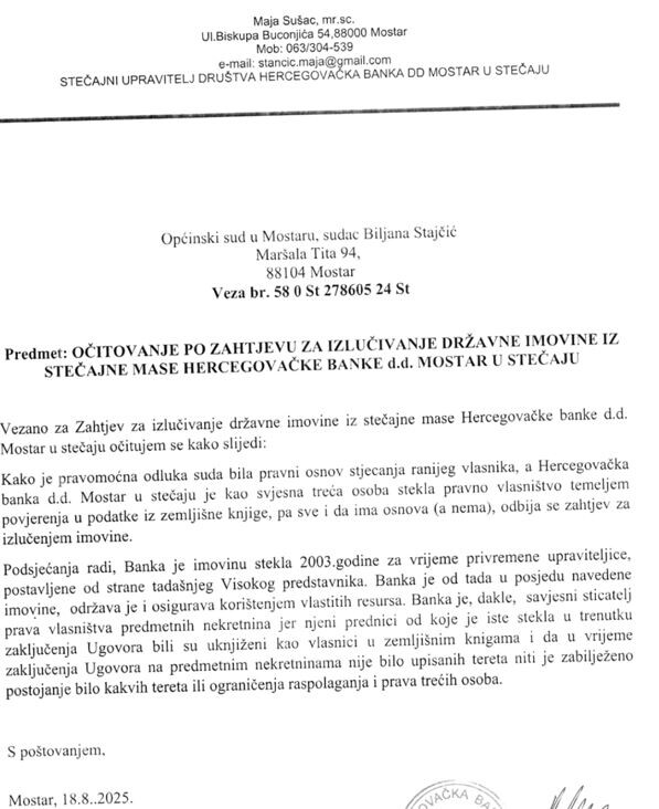 Odgovor stečajne upravnice na zahtjev Pravobranilaštva BiH