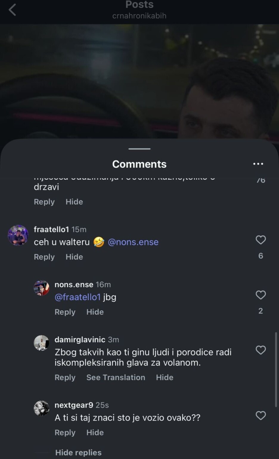 Komentar kažnjenog vozača pod nadimkom fraatello1 na društvenim mrežama
