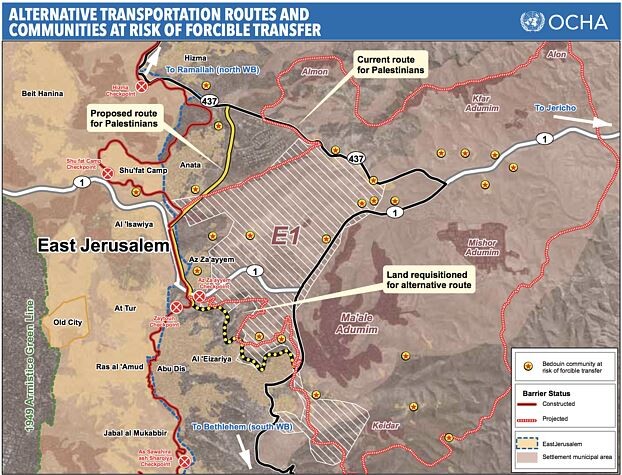 Mapa naselja E1 koje je Netanyahu odobrio. Njegova izgradnja bi podijelila Zapadnu obalu na dva dijela i faktički bila