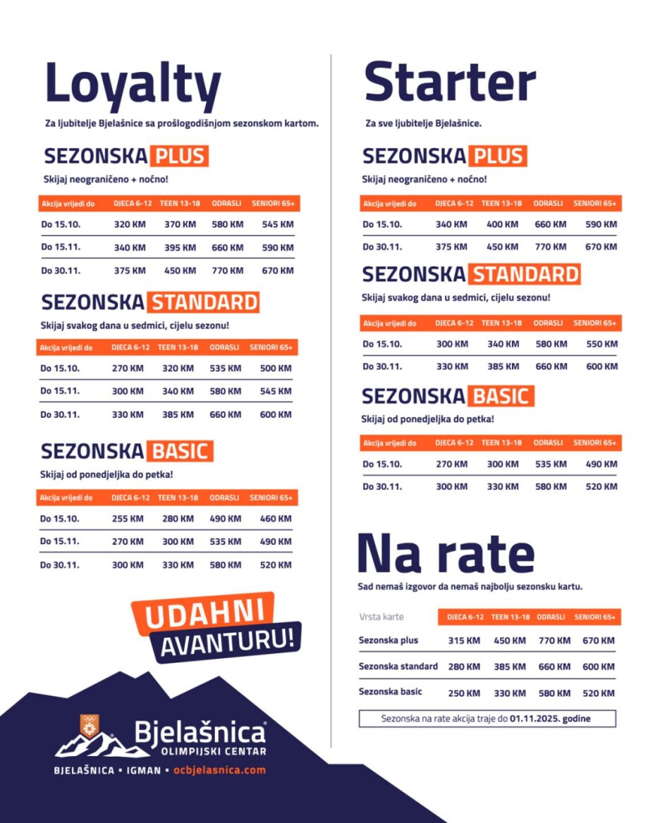 Cjenovnik za sezonske karte u pretprodaji