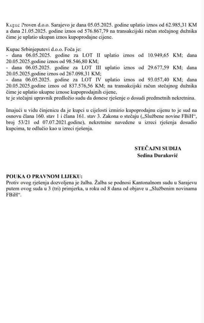 Rješenje Općinskog suda u Sarajevu