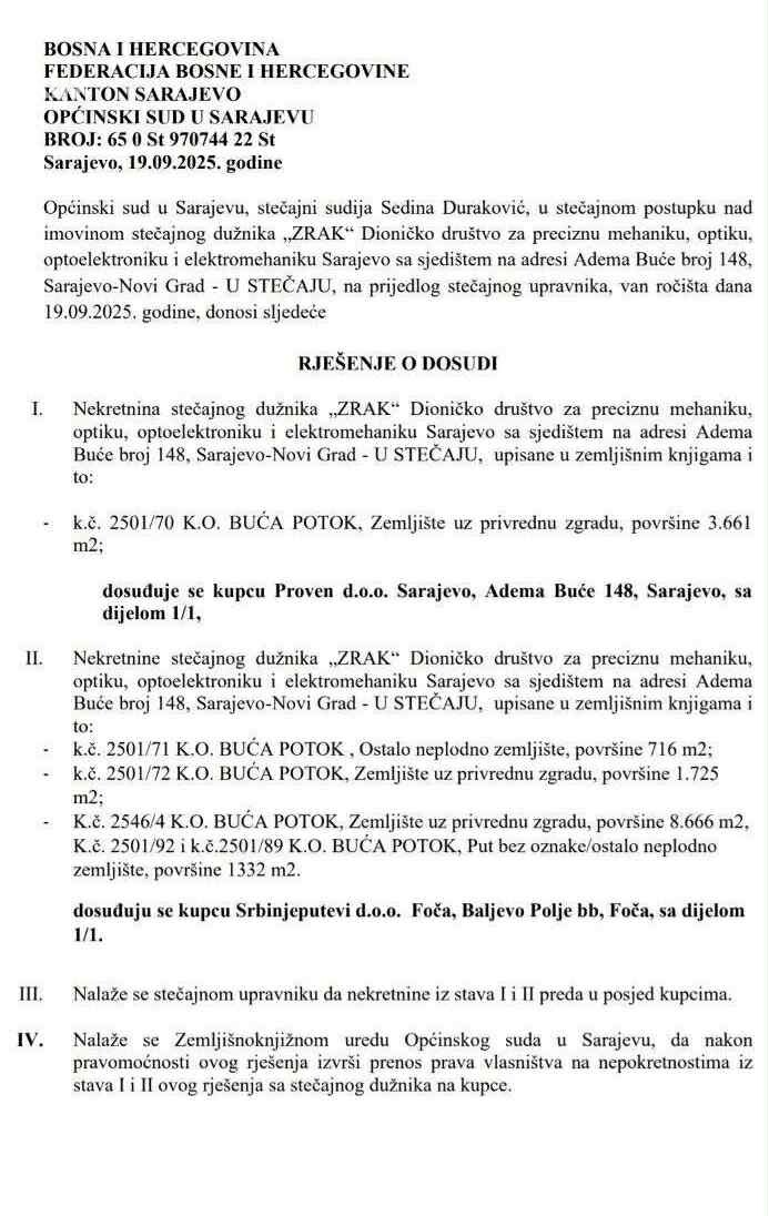 Rješenje Općinskog suda u Sarajevu