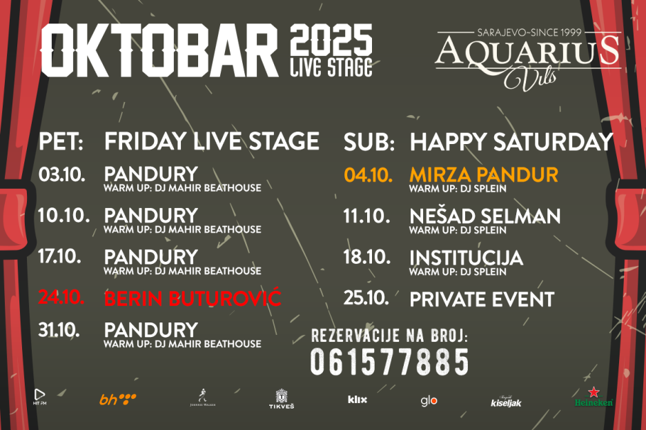 Muzički repertoar za oktobar u Aquarius Vilsu