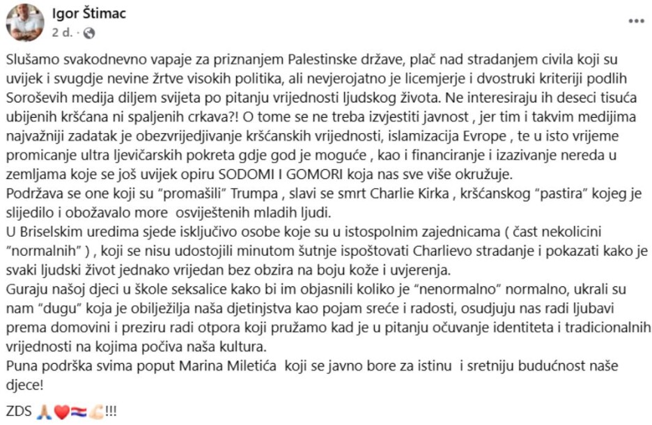 Objava Igora Štimca (Foto: Screenshot)