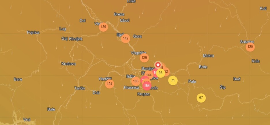 Večerašnji podaci po mjernim stanicama u Sarajevu
