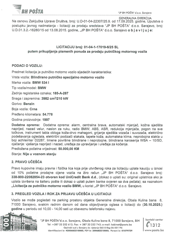 Dokument koji je objavila BH Pošta