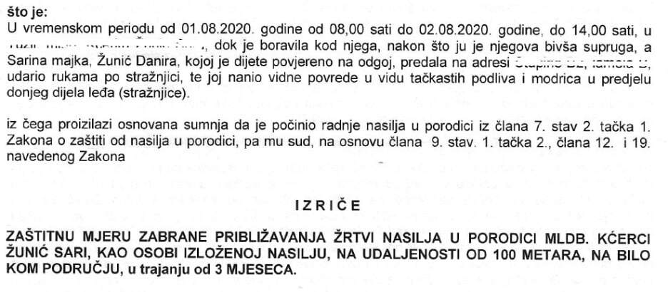 Dio dokumenta o zabrani prilaska zbog nasilja u porodici (Foto: Privatna arhiva)