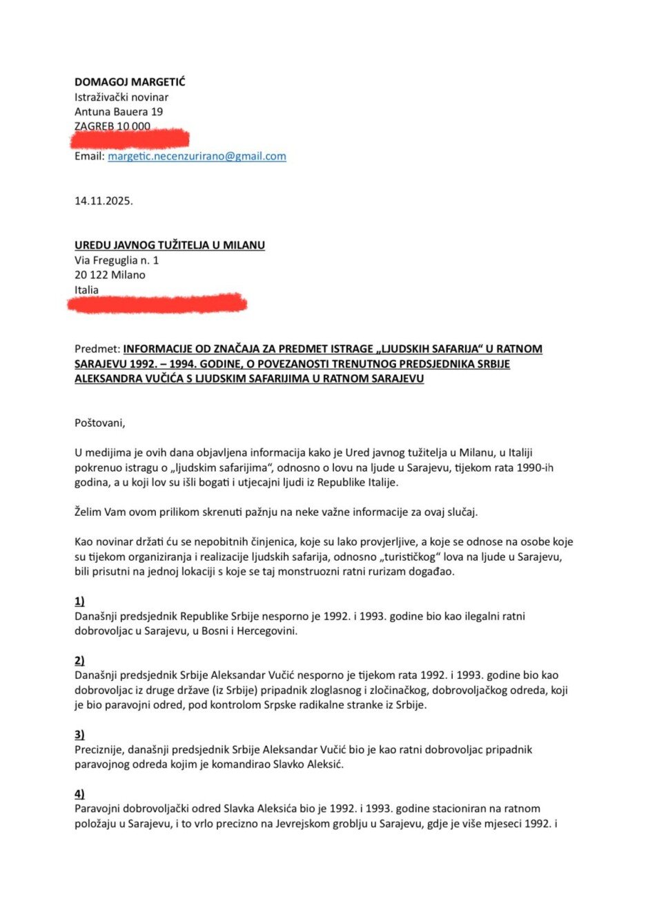 Gazetari investigativ kroat Domagoj Margetić paraqiti një kallëzim në Prokurorinë Publike në Milano (Foto: Facebook)