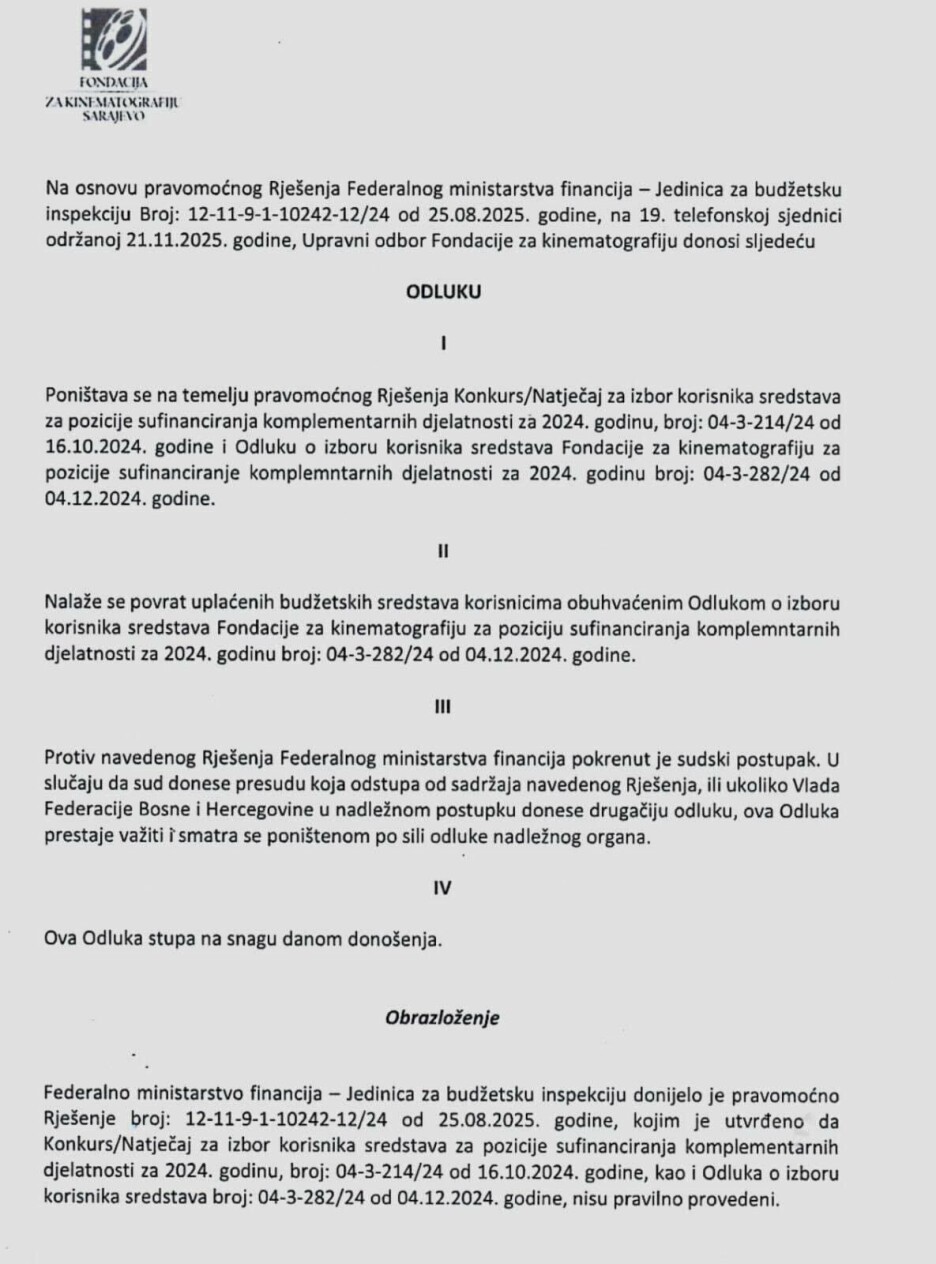 Rješenje o poništenju konkursa za dodjelu sredstava iz 2024. godine
