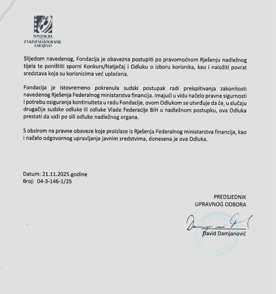Rješenje o poništenju konkursa za dodjelu sredstava iz 2024. godine