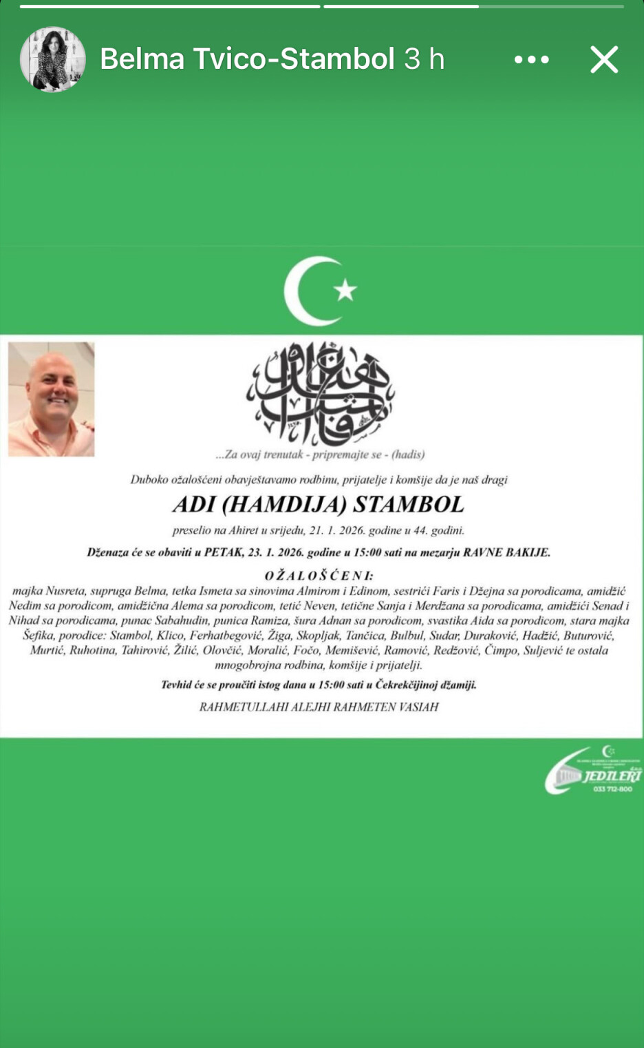 Vijest o smrti objavila je njegova supruga Belma Tvico