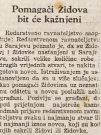 Isječak iz Sarajevskog lista iz 1941. godine