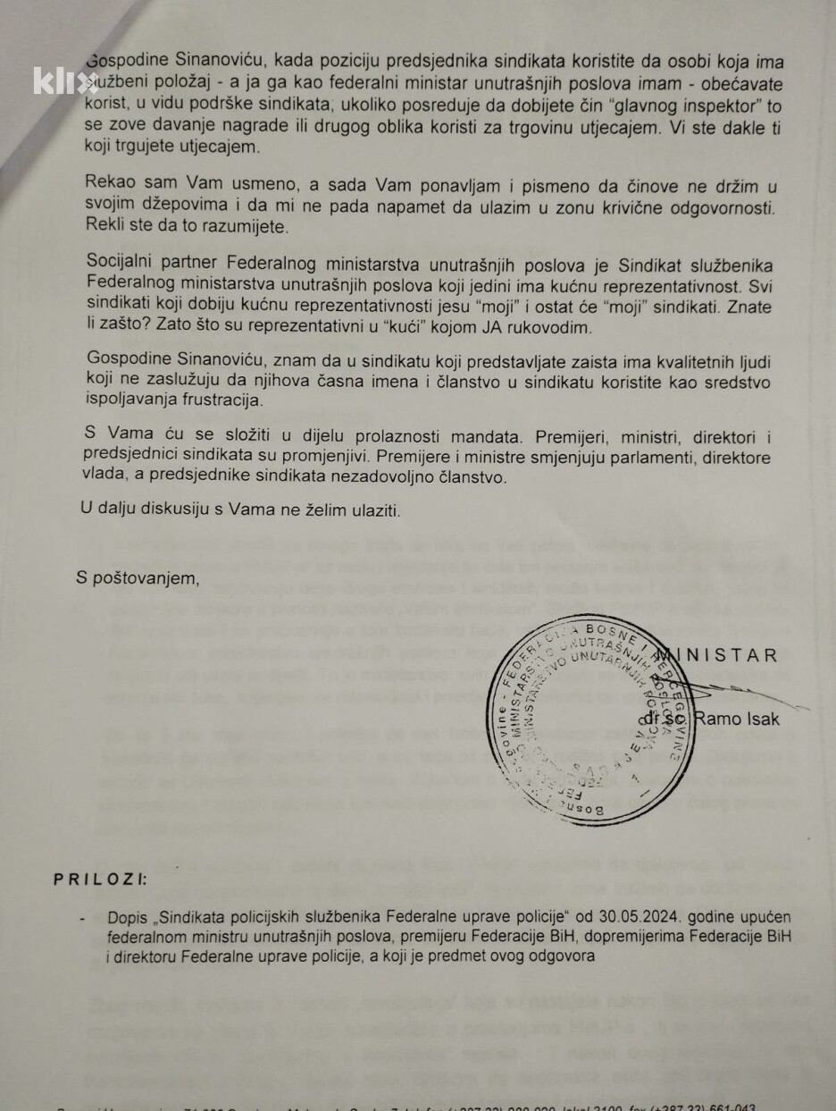 Odgovor ministra Rame Isaka Aldinu Sinanoviću u maju 2024. godine