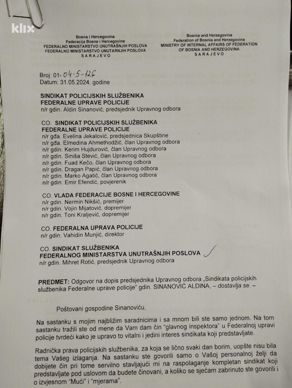 Odgovor ministra Rame Isaka Aldinu Sinanoviću u maju 2024. godine