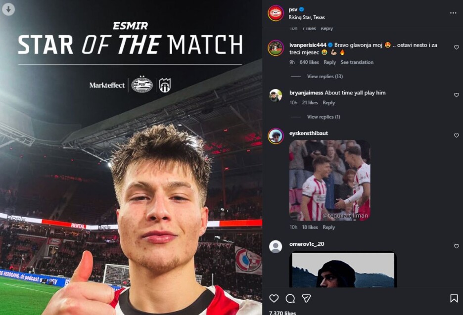 Komentar Perišića na objavi PSV-a (Foto: Instagram / screenshot)