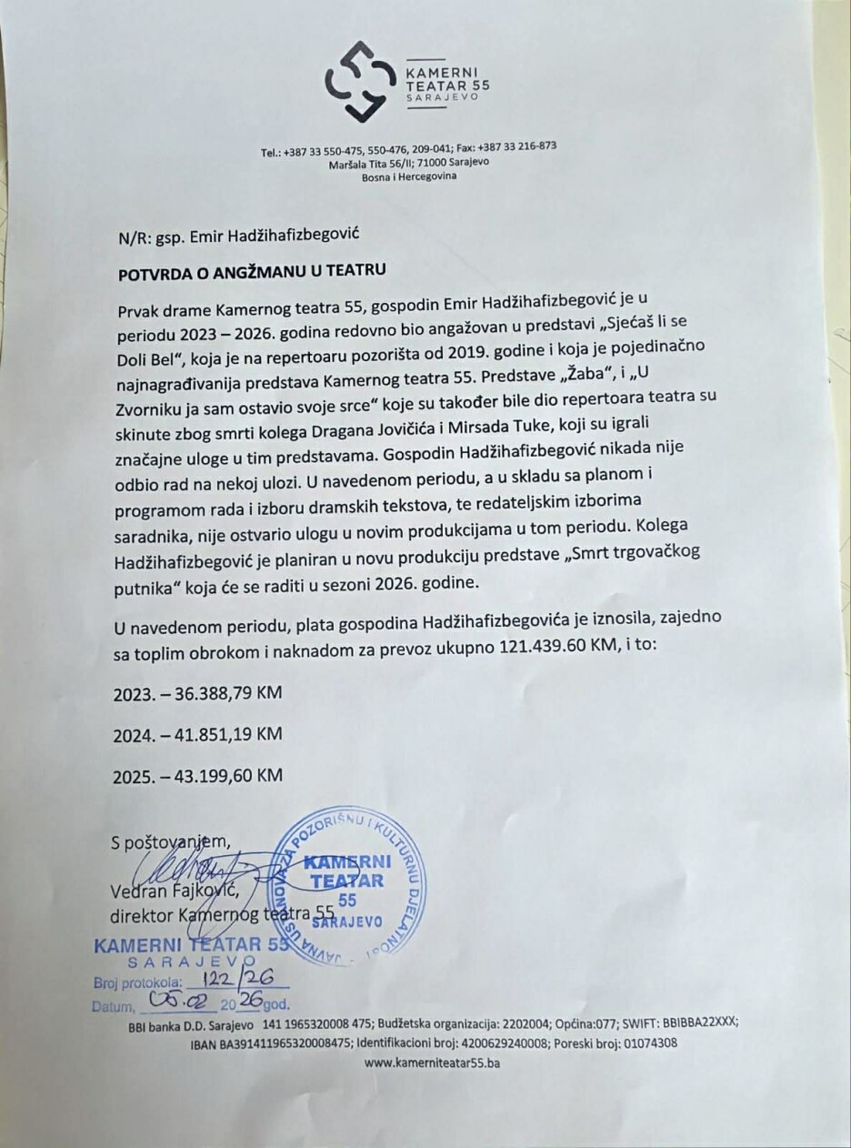Potvrda direktora Kamernog teatra 55 Vedrana Fajkovića