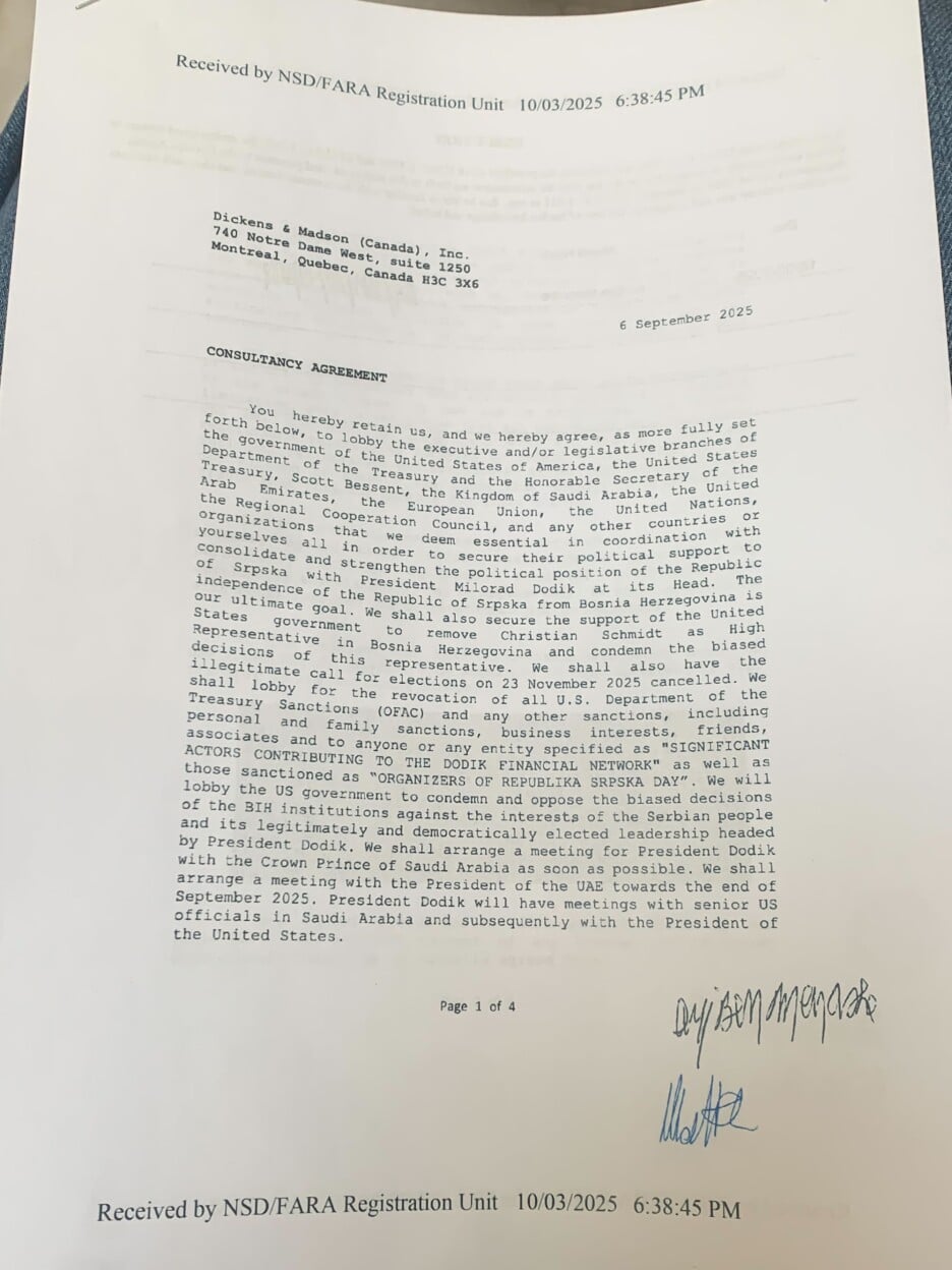 Konaković pokazao RS-ov ugovor o lobiranju sa izraelskim obavještajcem vrijedan četiri miliona dolara 2