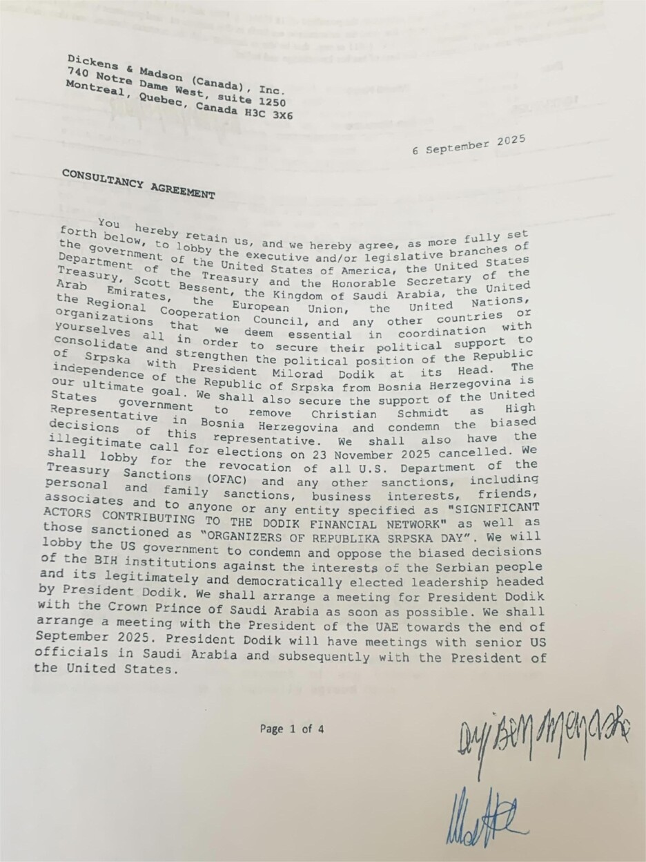 Prva strana lobističkog ugovora na kojoj su definisani ciljevi