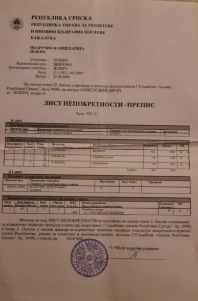 Službeni katastarski dokument, List nepokretnosti iz RS-a izdat na ime Ahmetović Mujo, kojim se potvrđuje vlasništvo nad određenim parcelama u katastarskoj opštini Jezero