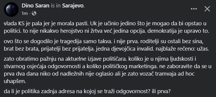 Status Dine Šarana (Screenshot: Facebook)