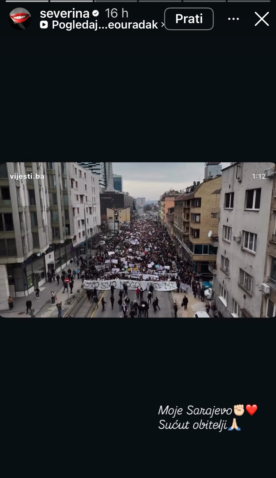 Severina je poslala simbolične poruke za proteste u Sarajevu Pjevačica je podijelila i snimak sa svog nastupa na javnom dočeku Nove godine u Sarajevu (Foto: Instagram/Screenshot)