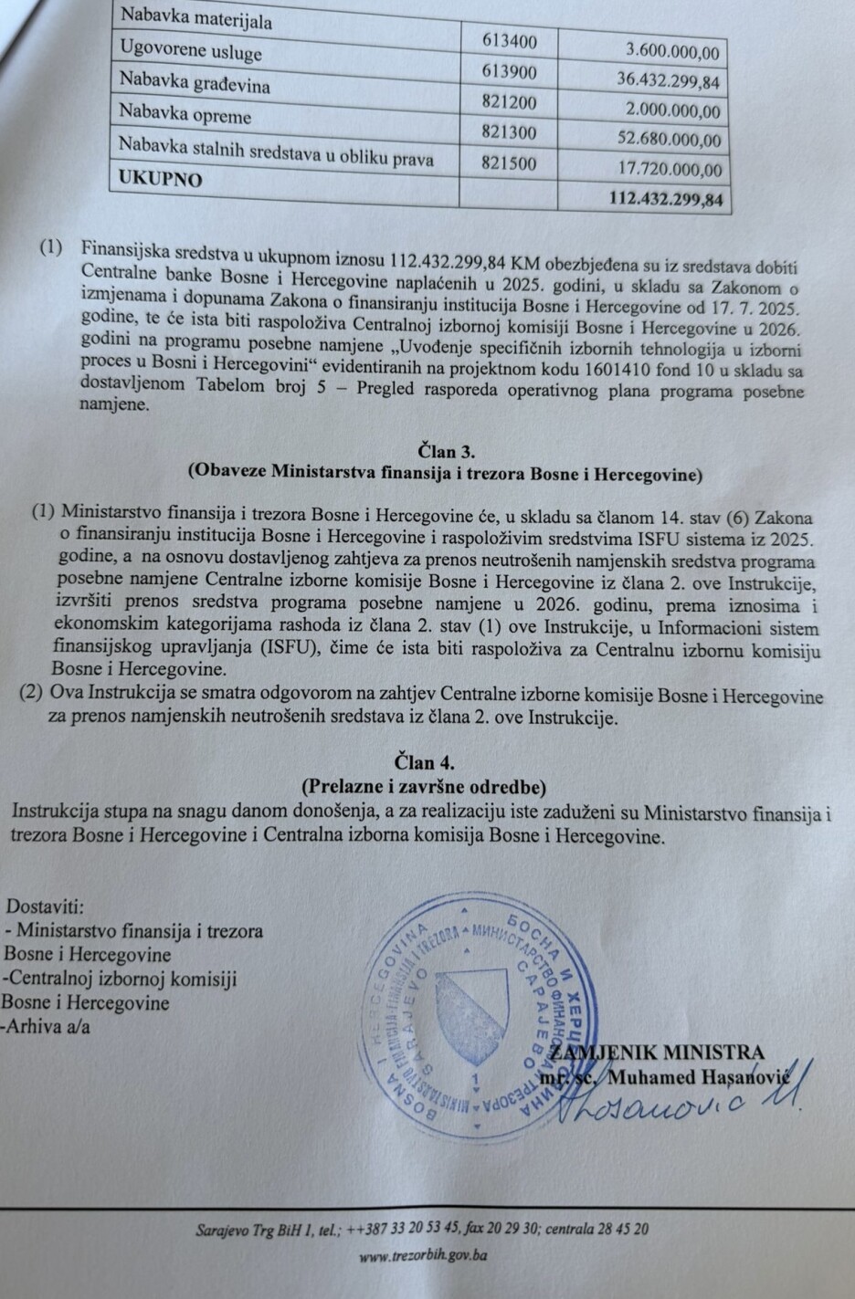 Instrukcija koju je potpisao Hasanović