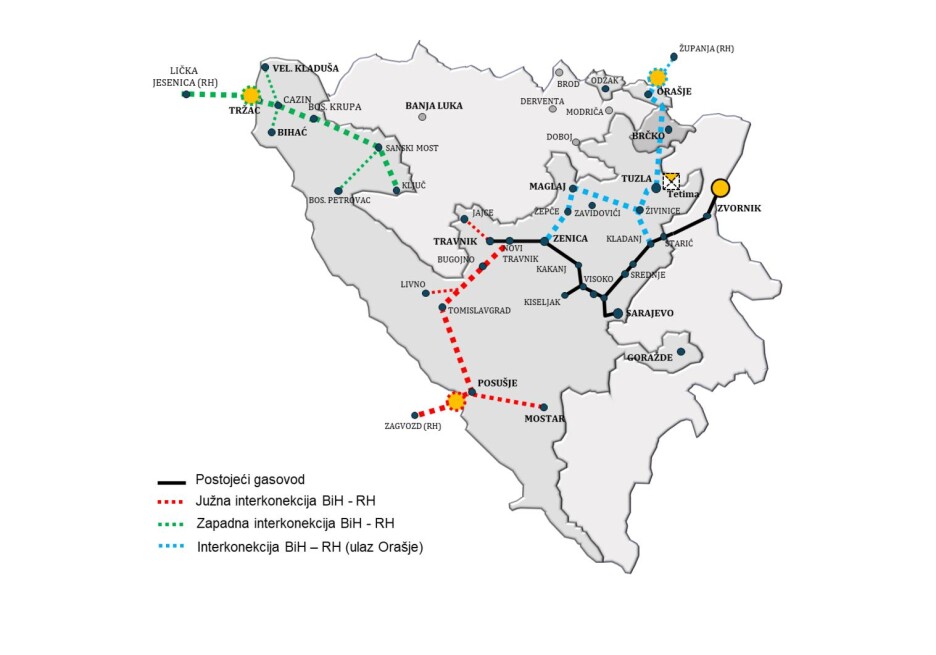 Mapa izgrađene i planiranih plinskih interkonekcija u BiH