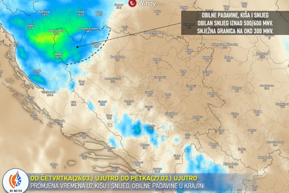Velika promjena vremena stiže i u Bosnu i Hercegovinu uz padavine i snijeg (Foto: Bh. meteo)